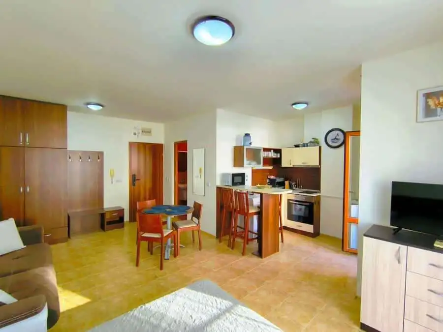 Modern studio apartment in Sveti Vlas, 48 sq.m., near the sea, with open-plan living area.