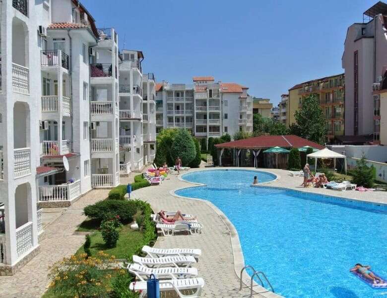 Pool view of a modern 2-bedroom apartment in Bravo 5, Sunny Beach.