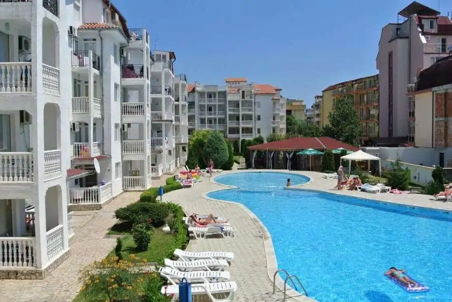 Pool view of a modern 2-bedroom apartment in Bravo 5, Sunny Beach.