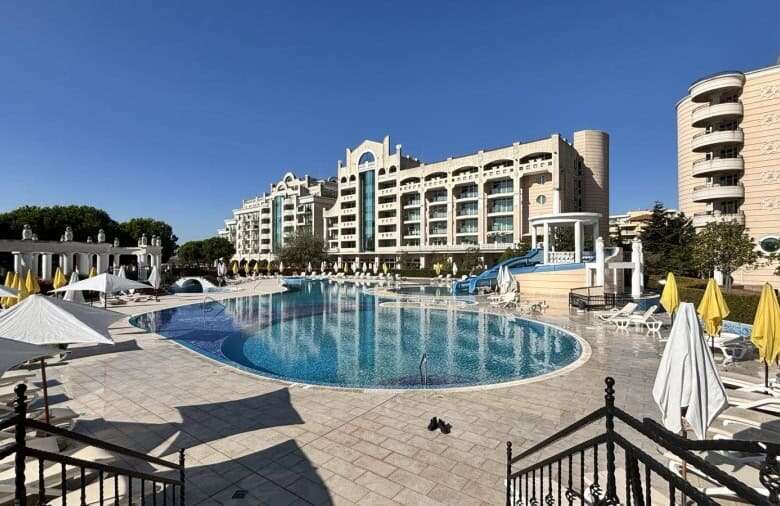 Beautiful sea view 1-bedroom apartment at Sunset Resort, Pomorie, with direct beach access and moder.