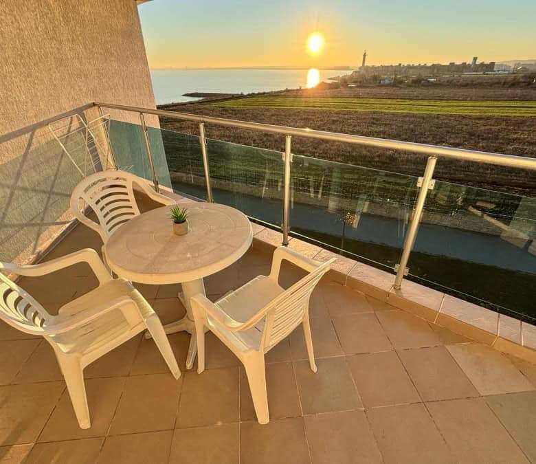 Sea view balcony with sunset in Ravda, Bulgaria.