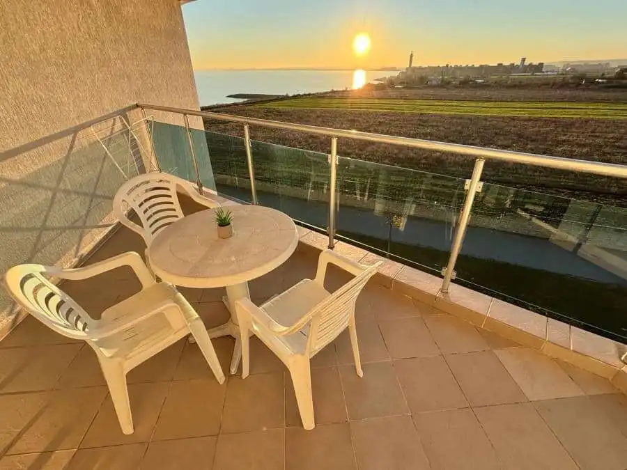 Sea view balcony with sunset in Ravda, Bulgaria.