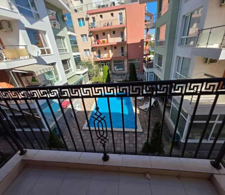 Pool view from a studio apartment balcony near Aurealia Beach in Nessebar, Bulgaria.