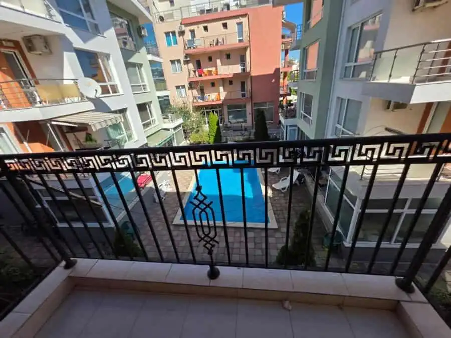 Pool view from a studio apartment balcony near Aurealia Beach in Nessebar, Bulgaria.