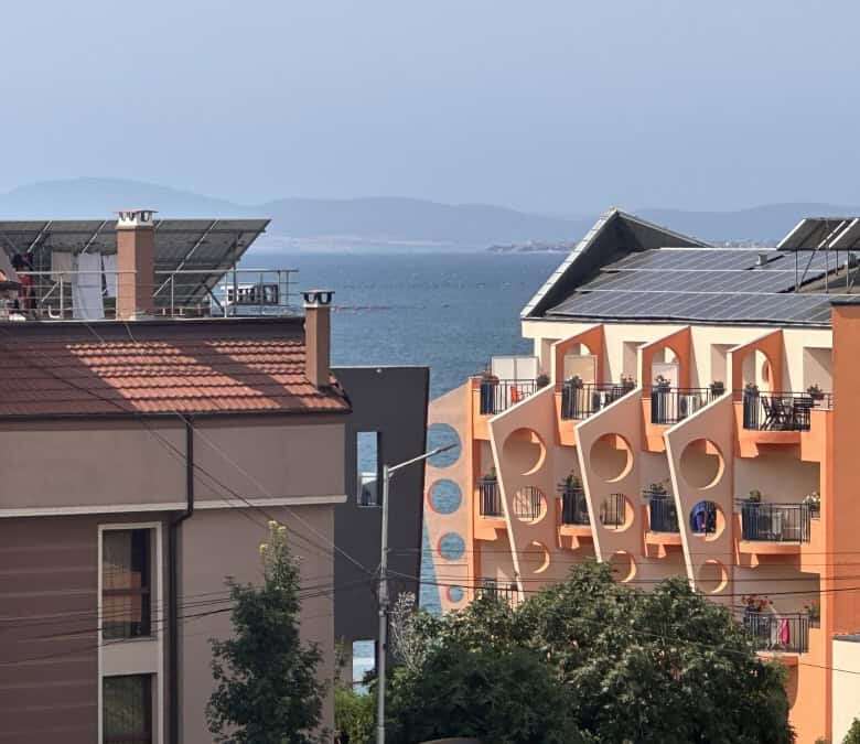 Modern studio apartment with pool view, close to Aurealia Beach in Nessebar, Bulgaria.