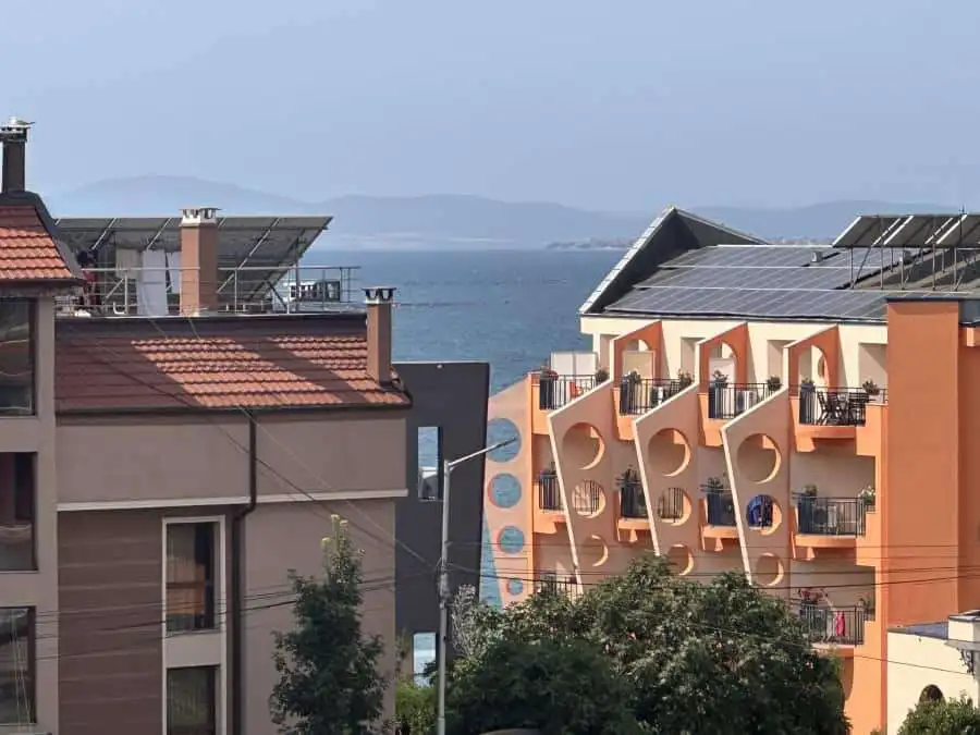 Modern studio apartment with pool view, close to Aurealia Beach in Nessebar, Bulgaria.