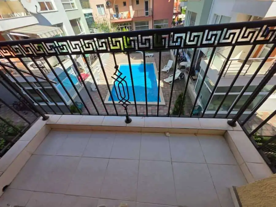 Balcony view of pool and surrounding apartments near Aurealia beach, Nessebar.
