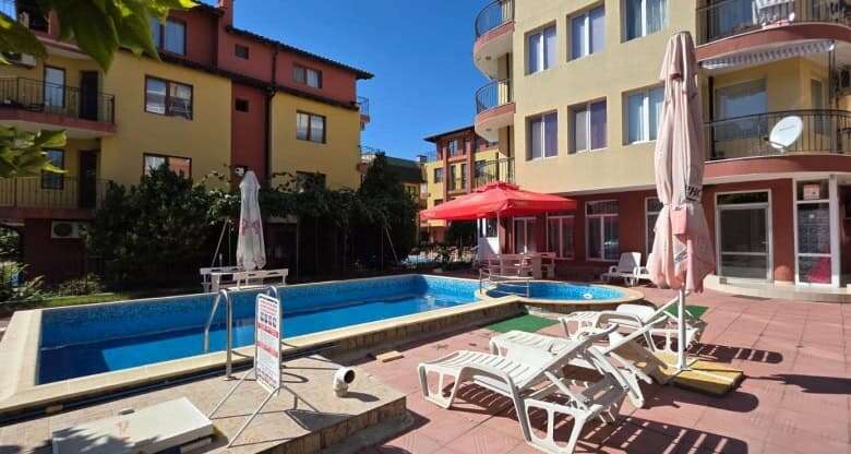 Modern studio apartment with pool view, close to Aurealia Beach in Nessebar, Bulgaria.