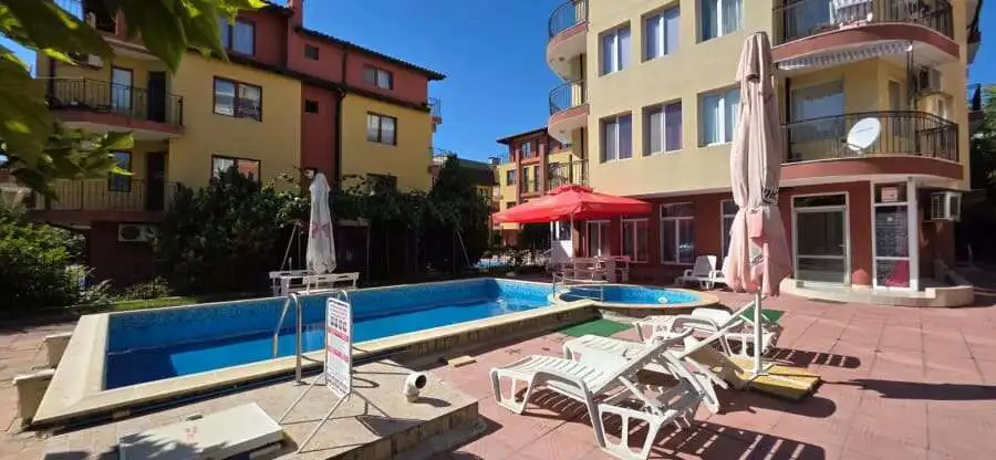 Modern studio apartment with pool view, close to Aurealia Beach in Nessebar, Bulgaria.