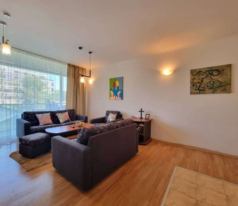 Spacious living room with modern furniture and large terraces in Prima 1, Sunny Beach.