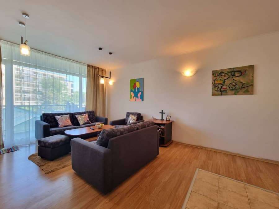 Spacious living room with modern furniture and large terraces in Prima 1, Sunny Beach.