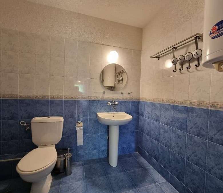 Bathroom with toilet, sink, and water heater in a furnished apartment.