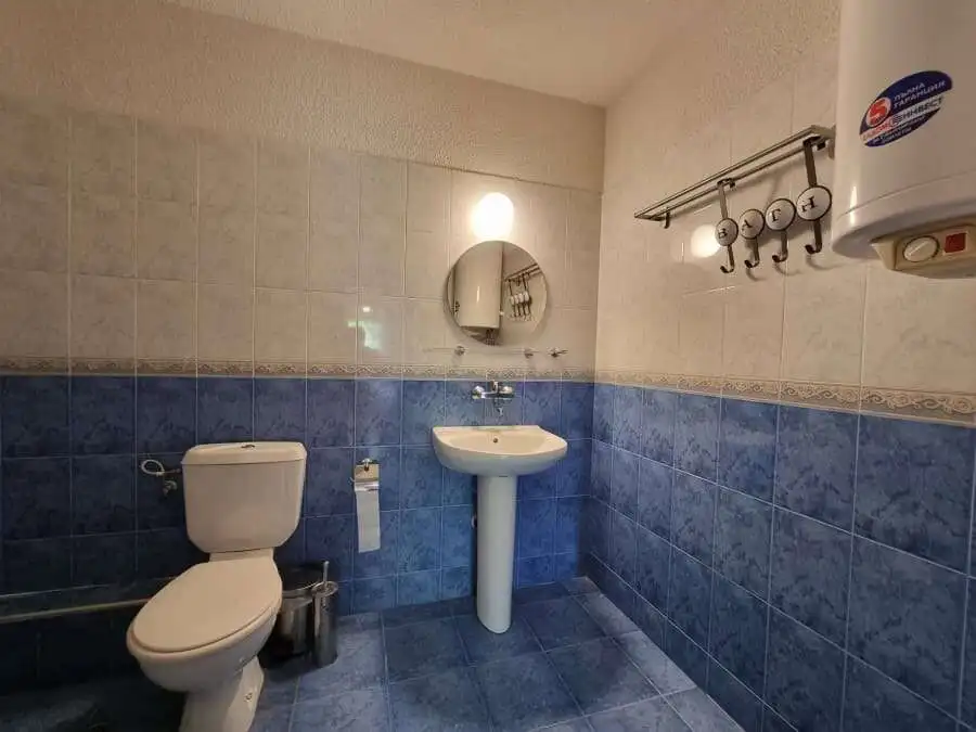 Bathroom with toilet, sink, and water heater in a furnished apartment.
