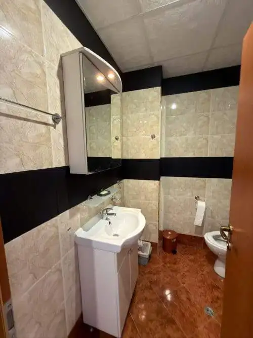 Bathroom with sink, mirror, and toilet in a furnished apartment.