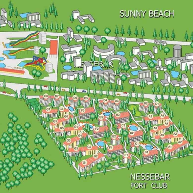 Apartment in Nessebar Fort Club, Sunny Beach, Bulgaria, with 56 sq.m., fully furnished.