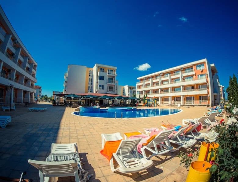 Modern apartment complex with pool in Nessebar Fort Club, Sunny Beach.