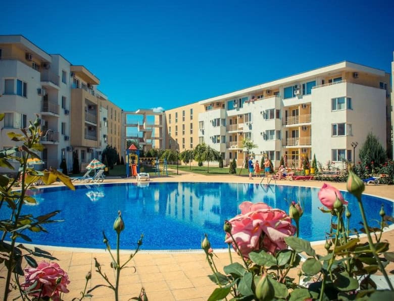 Modern apartment complex with swimming pool in Nessebar Fort club, Sunny Beach.