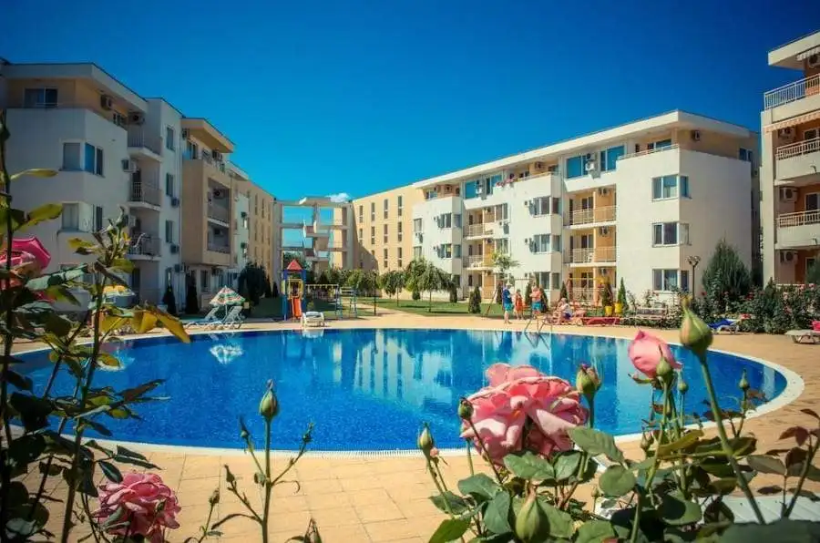 Modern apartment complex with swimming pool in Nessebar Fort club, Sunny Beach.
