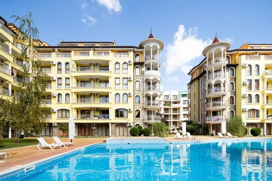 Apartment complex with pool at Summer Dreams, Sunny Beach resort.