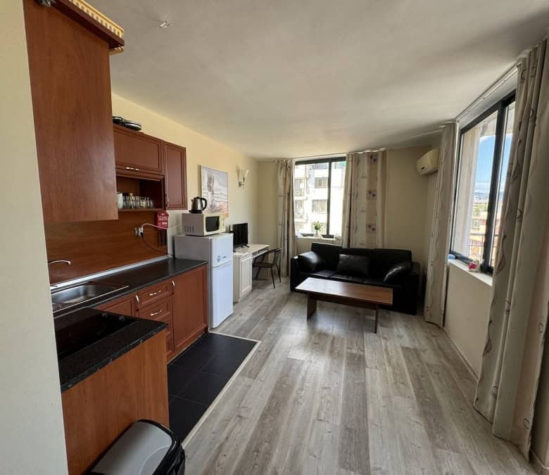Interior view of a 2-bedroom apartment with a large terrace in Avalon, Sunny Beach.