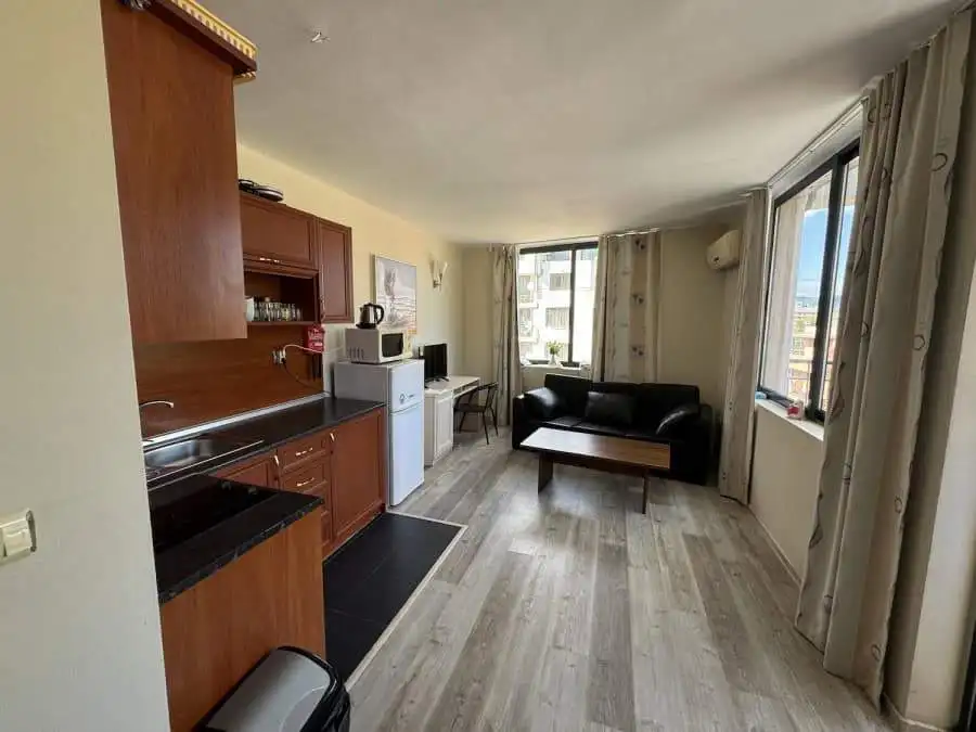 Interior view of a 2-bedroom apartment with a large terrace in Avalon, Sunny Beach.