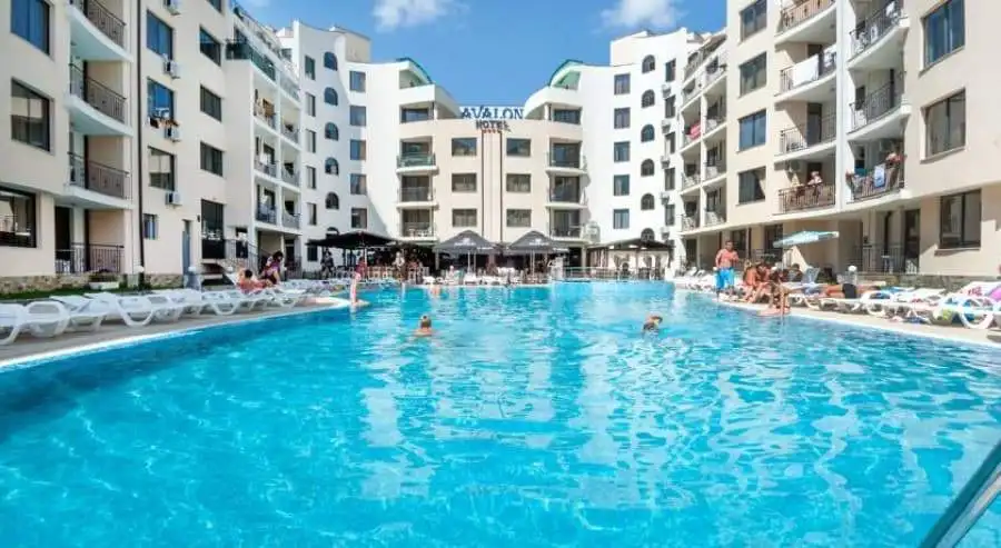 Modern Avalon Sunny Beach apartment complex with pool and terrace.