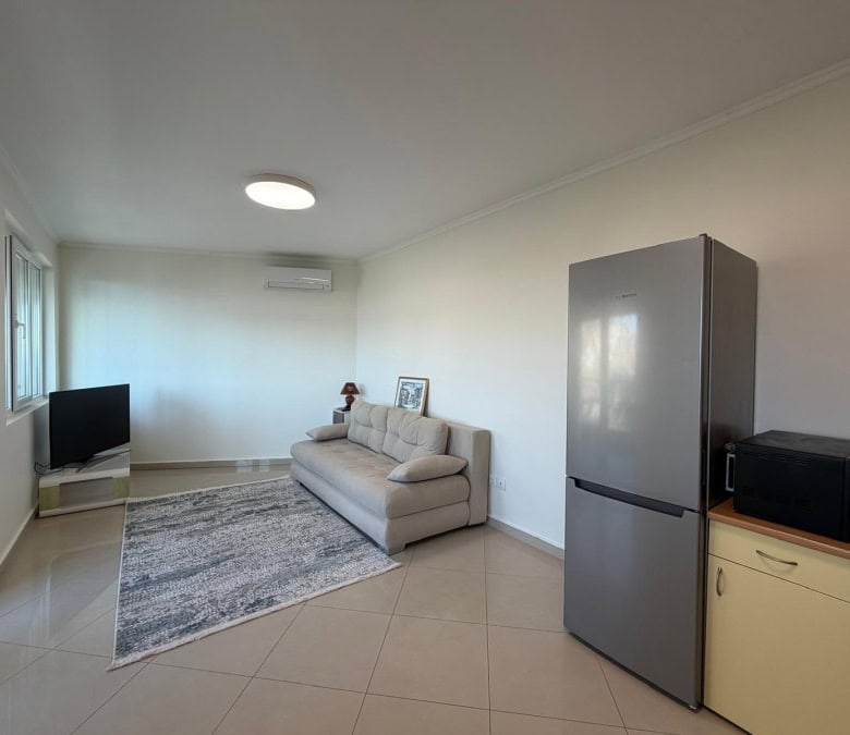 Bright living room with sofa, TV, and large windows in Sveti Vlas apartment.