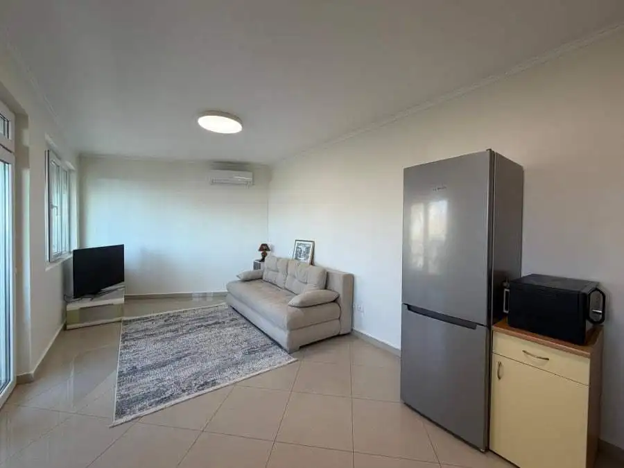 Bright living room with sofa, TV, and large windows in Sveti Vlas apartment.