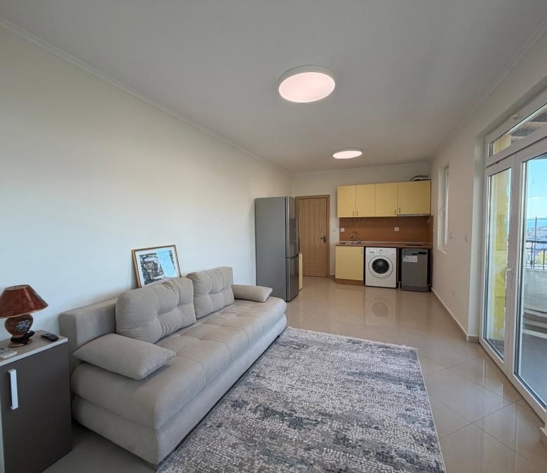 Bright 1-bedroom apartment in Sveti Vlas with sea views, open-plan living area, and balcony.