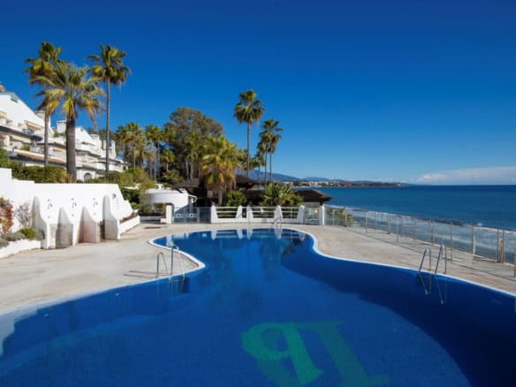 Beachfront pool with ocean view and palm trees at Dominion Beach.