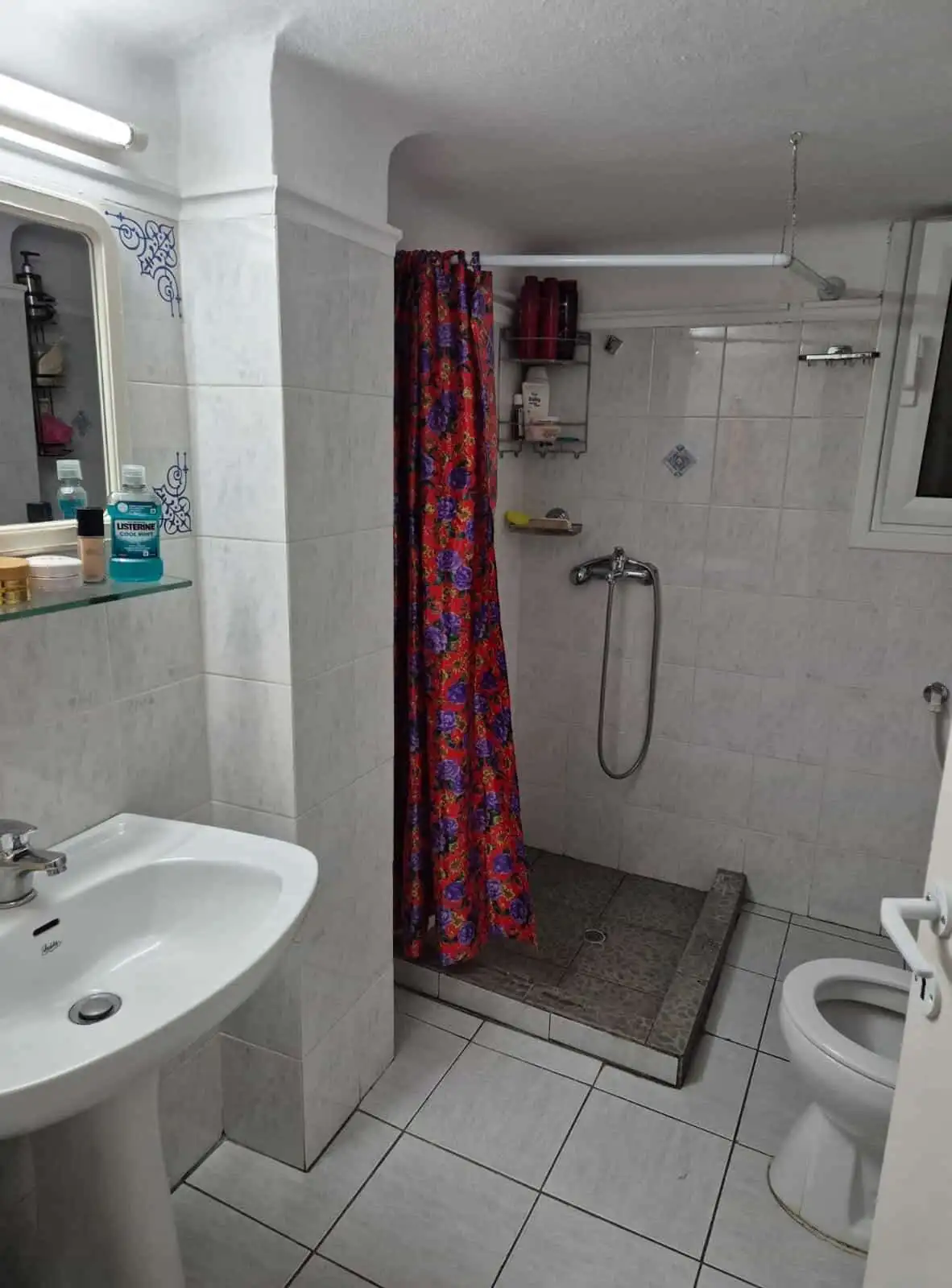 Bathroom with shower and basic amenities in a city apartment in Kypseli, Athens.