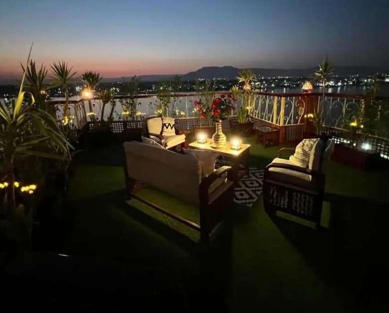 Elegant outdoor terrace with seating and city views at Derrymore Glen Estate, County Clare.
