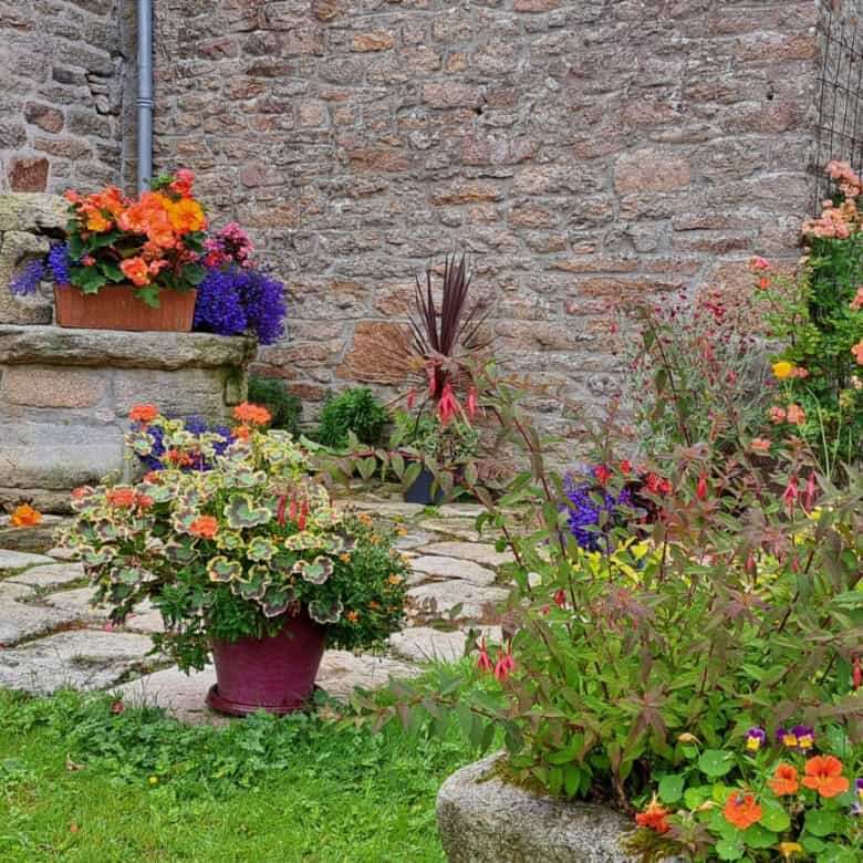 Beautiful garden with vibrant flowers and lush greenery at a luxury estate in Scaer, Brittany.