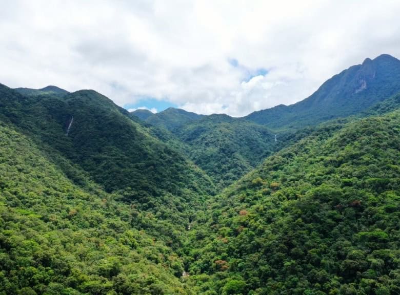 Beautiful lush green mountain landscape in Pedra Branca do Araraquara, Brazil.