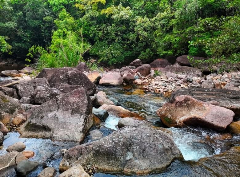 Beautiful river scene with rocks and lush greenery in Pedra Branca do Araraquara, Paraná, Brazil.