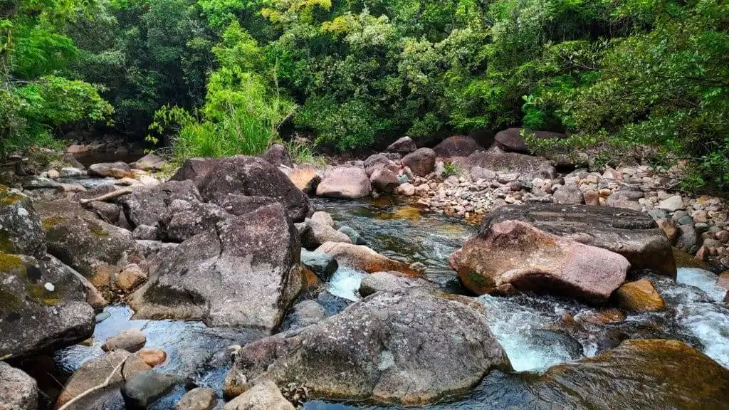 Beautiful river scene with rocks and lush greenery in Pedra Branca do Araraquara, Paraná, Brazil.