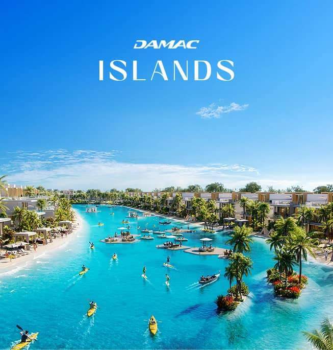 Luxury island resort with clear blue waters and palm trees.