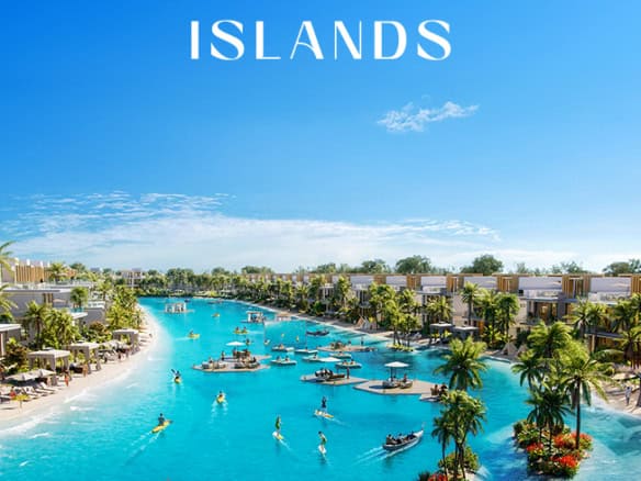 Beautiful tropical island resort with clear blue waters and lush palm trees. Perfect for prop.