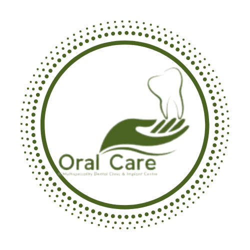 Dental care logo featuring a tooth held by a hand, representing oral health and dental services.