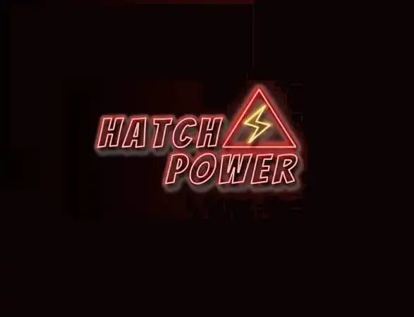 Neon sign reading "Hatch Power" with a lightning bolt symbol, glowing in red and yellow.