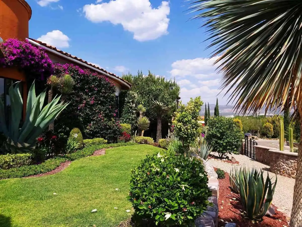 Elegant outdoor living space in Rancho Los Labradores, San Miguel de Allende. Beautiful garden, lush.