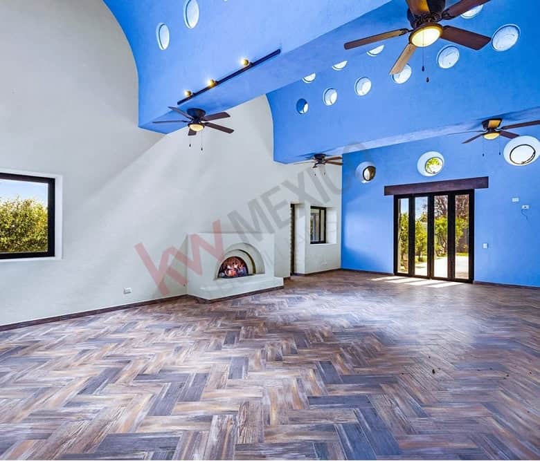 Spacious living room with vibrant blue ceiling, modern fans, and large windows in a luxury ranch est.
