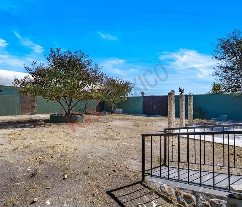 Large backyard with mature trees, a blue sky, and a secure fence, ideal for outdoor activities and f.