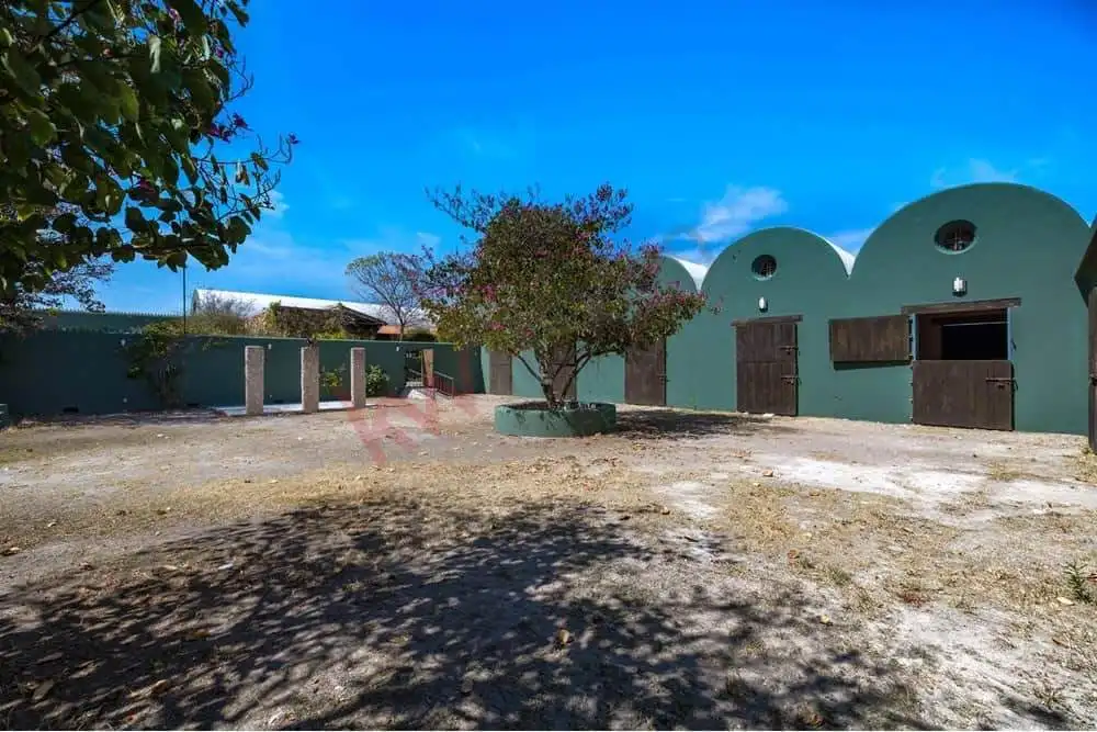 Traditional Mexican-style building with curved roofs and wooden doors.