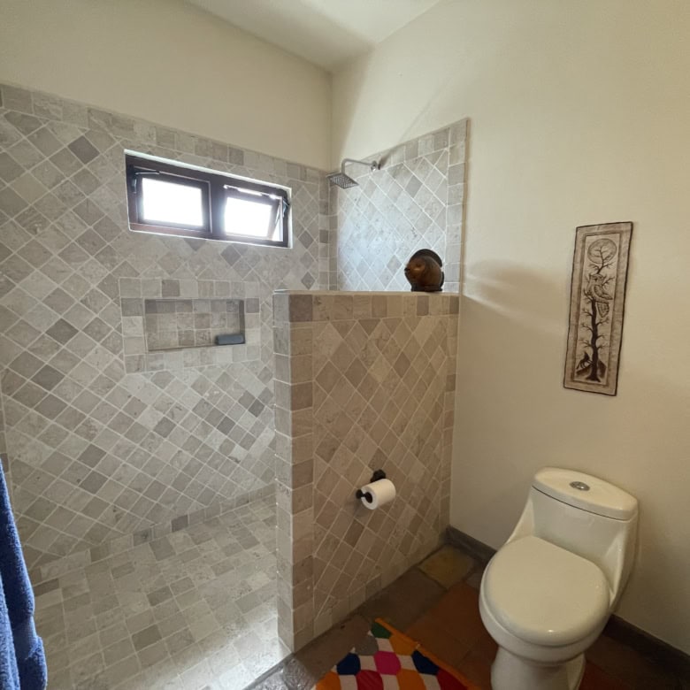 Bathroom with walk-in shower, small window, and toilet for home or rental property.