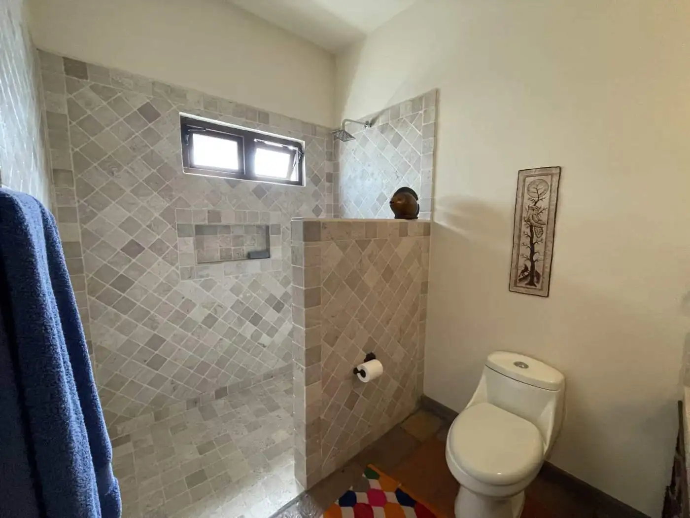 Bathroom with walk-in shower, small window, and toilet for home or rental property.