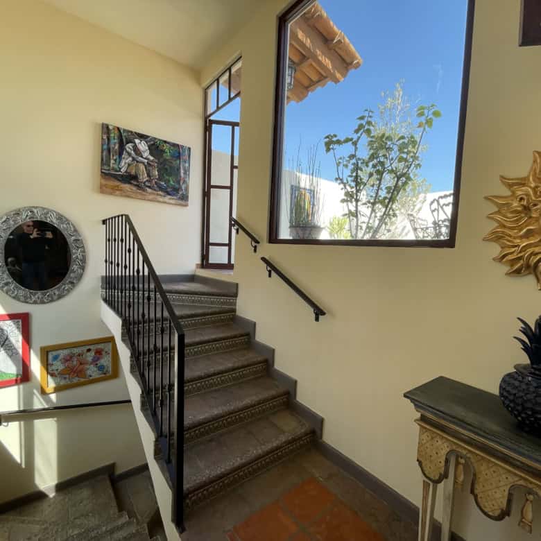 Bright interior staircase with artwork and decor, natural light, and plants.