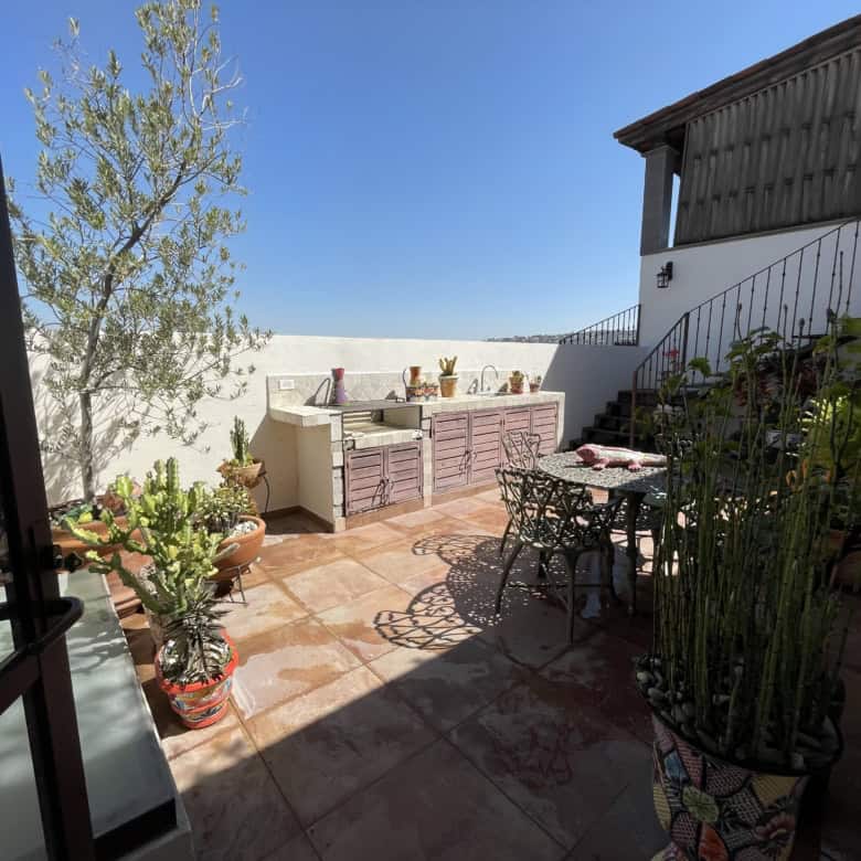 Rooftop terrace with outdoor furniture, potted plants, and scenic city views.