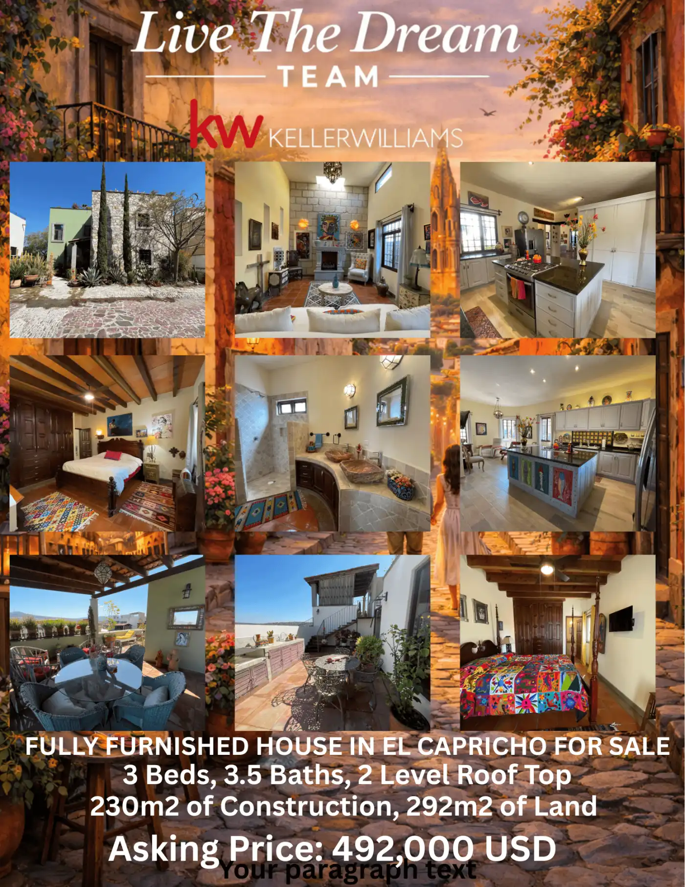 El Capricho fully furnished house for sale, 3 beds, 3.5 baths, 2-level roof top, 230m², asking price.