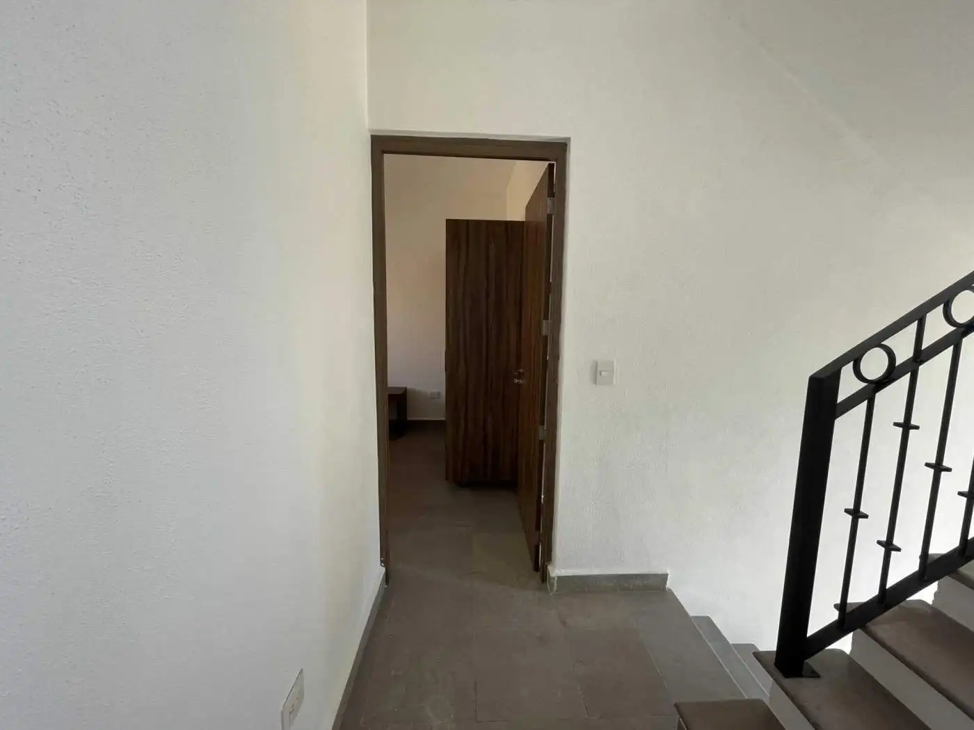 Interior staircase and doorway in a modern home setting.